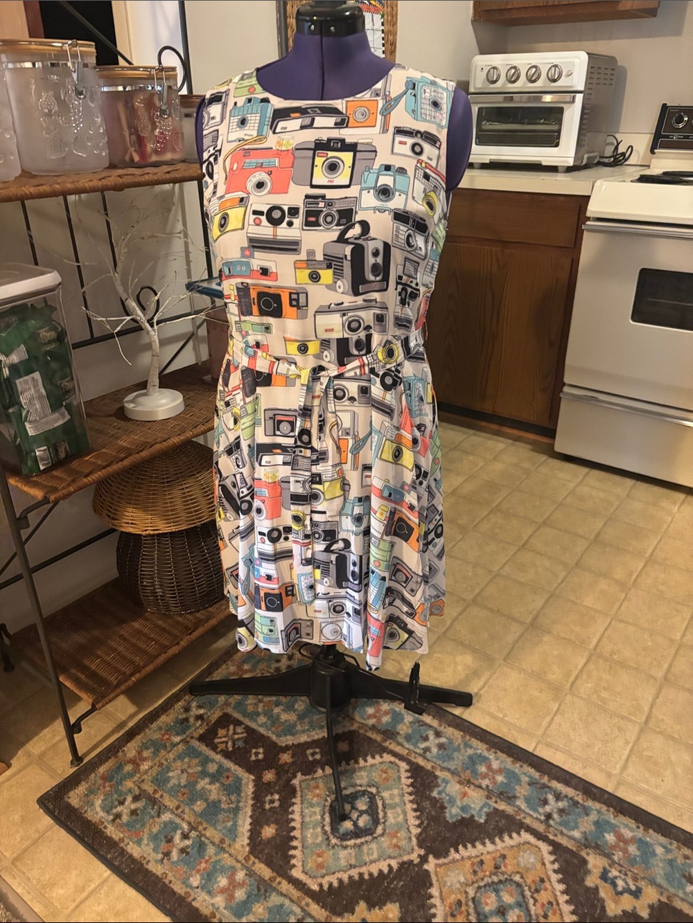 Sleeveless White Midi Dress with Colorful Camera Print